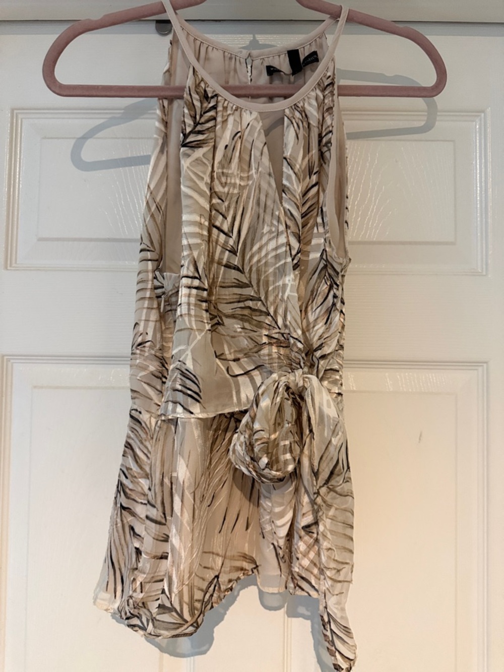 White House Black Market Beige Leaf Print Tie-Waist Halter Blouse